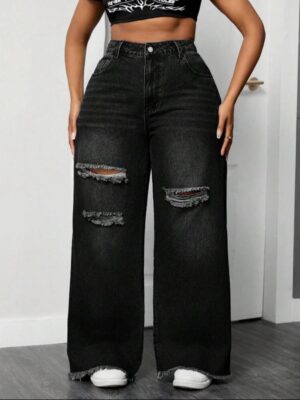 Pocket Ripped Loose Wide Leg Denim