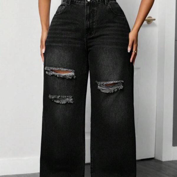 Pocket Ripped Loose Wide Leg Denim