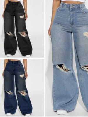 High Waist Ripped Wide Leg Jeans,Ladies Casual Button,Pocket,Ripped,Zipper High Waist Wide Leg Extra Long Medium Wash Cotton Loose Women Jeans,Spring/Fall,Casual Daily Wear