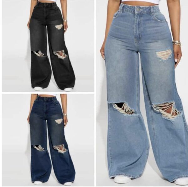 High Waist Ripped Wide Leg Jeans,Ladies Casual Button,Pocket,Ripped,Zipper High Waist Wide Leg Extra Long Medium Wash Cotton Loose Women Jeans,Spring/Fall,Casual Daily Wear