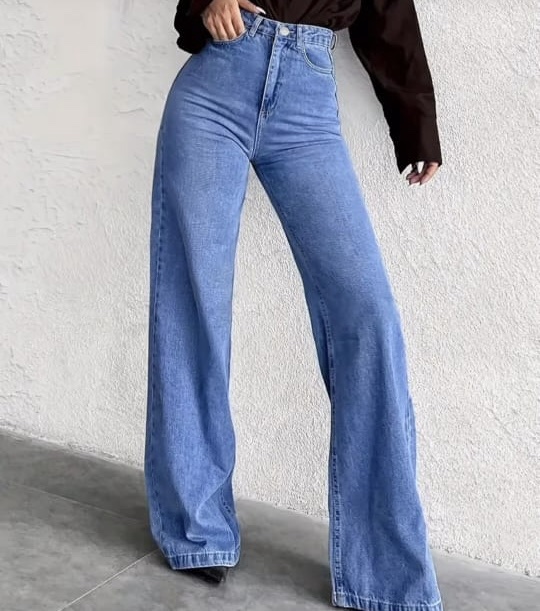 High-Waisted, Stretchy Blue Wide-Leg Jeans - Flattering Fit,Fashion, Fashionable Wide Leg Jeans|Stretchy Fabric Jeans