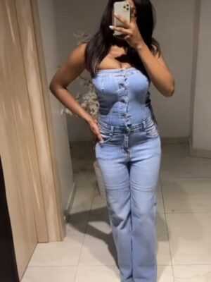 Women's Autumn Off Shoulder Long Sleeve Utility Pocket Casual Denim Jumpsuit