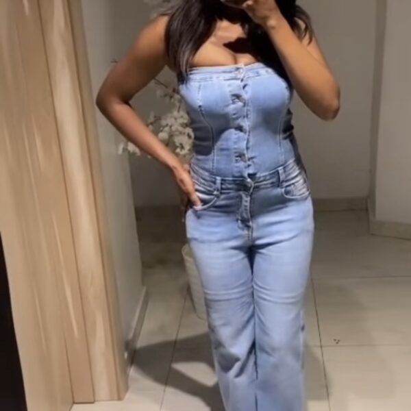 Women's Autumn Off Shoulder Long Sleeve Utility Pocket Casual Denim Jumpsuit