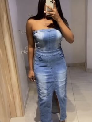 Icon women solid off shoulder Denim Gown