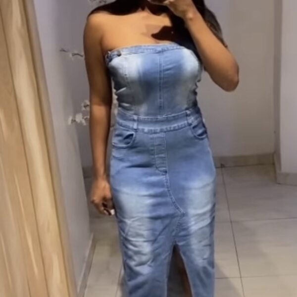 Icon women solid off shoulder Denim Gown