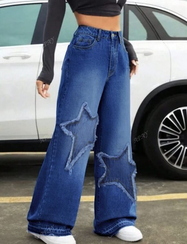 Casual Stone Washed Frayed Stars Wide Leg Jeans
