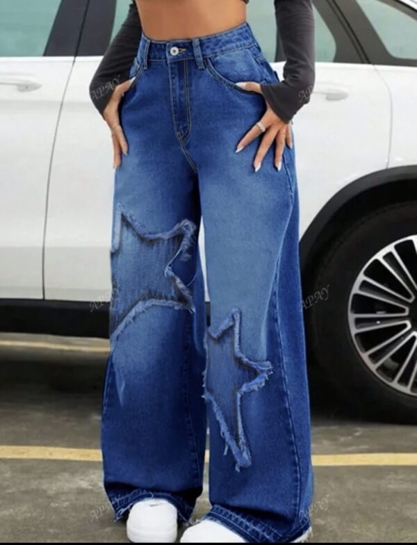 Casual Stone Washed Frayed Stars Wide Leg Jeans