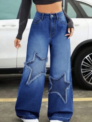Casual Stone Washed Frayed Stars Wide Leg Jeans