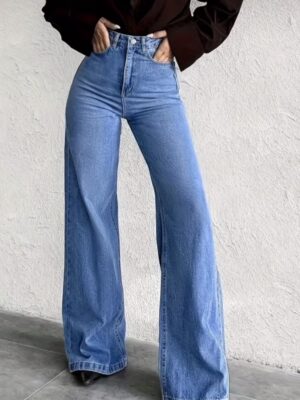 High-Waisted, Stretchy Blue Wide-Leg Jeans - Flattering Fit,Fashion, Fashionable Wide Leg Jeans|Stretchy Fabric Jeans