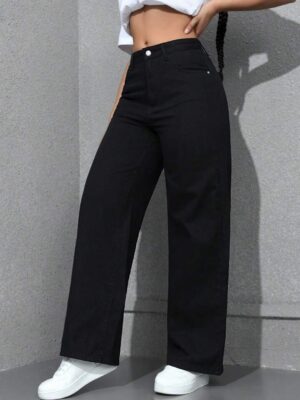 Ladies simple daily wear Black baggy straight leg Denim