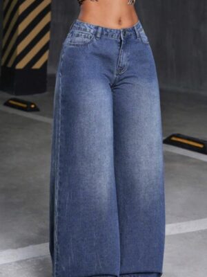 Retro Blue Autumn wide leg Loose Diagonal Button  Denim